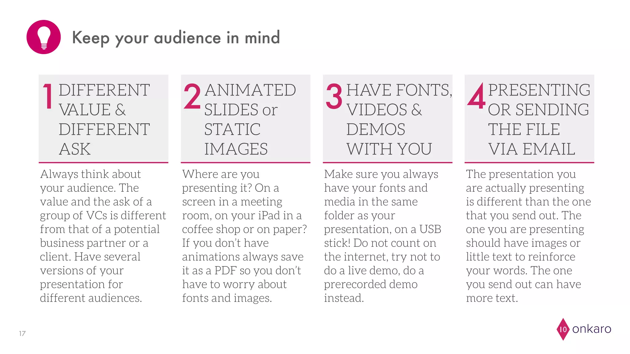 onkaro10
1DIFFERENT
VALUE &
DIFFERENT
ASK
17
Keep your audience in mind
2ANIMATED
SLIDES or
STATIC
IMAGES
Always think about
your audience. The
value and the ask of a
group of VCs is different
from that of a potential
business partner or a
client. Have several
versions of your
presentation for
different audiences.
3HAVE FONTS,
VIDEOS &
DEMOS
WITH YOU
4PRESENTING
OR SENDING
THE FILE
VIA EMAIL
Where are you
presenting it? On a
screen in a meeting
room, on your iPad in a
coffee shop or on paper?
If you don’t have
animations always save
it as a PDF so you don’t
have to worry about
fonts and images.
Make sure you always
have your fonts and
media in the same
folder as your
presentation, on a USB
stick! Do not count on
the internet, try not to
do a live demo, do a
prerecorded demo
instead.
The presentation you
are actually presenting
is different than the one
that you send out. The
one you are presenting
should have images or
little text to reinforce
your words. The one
you send out can have
more text.
 