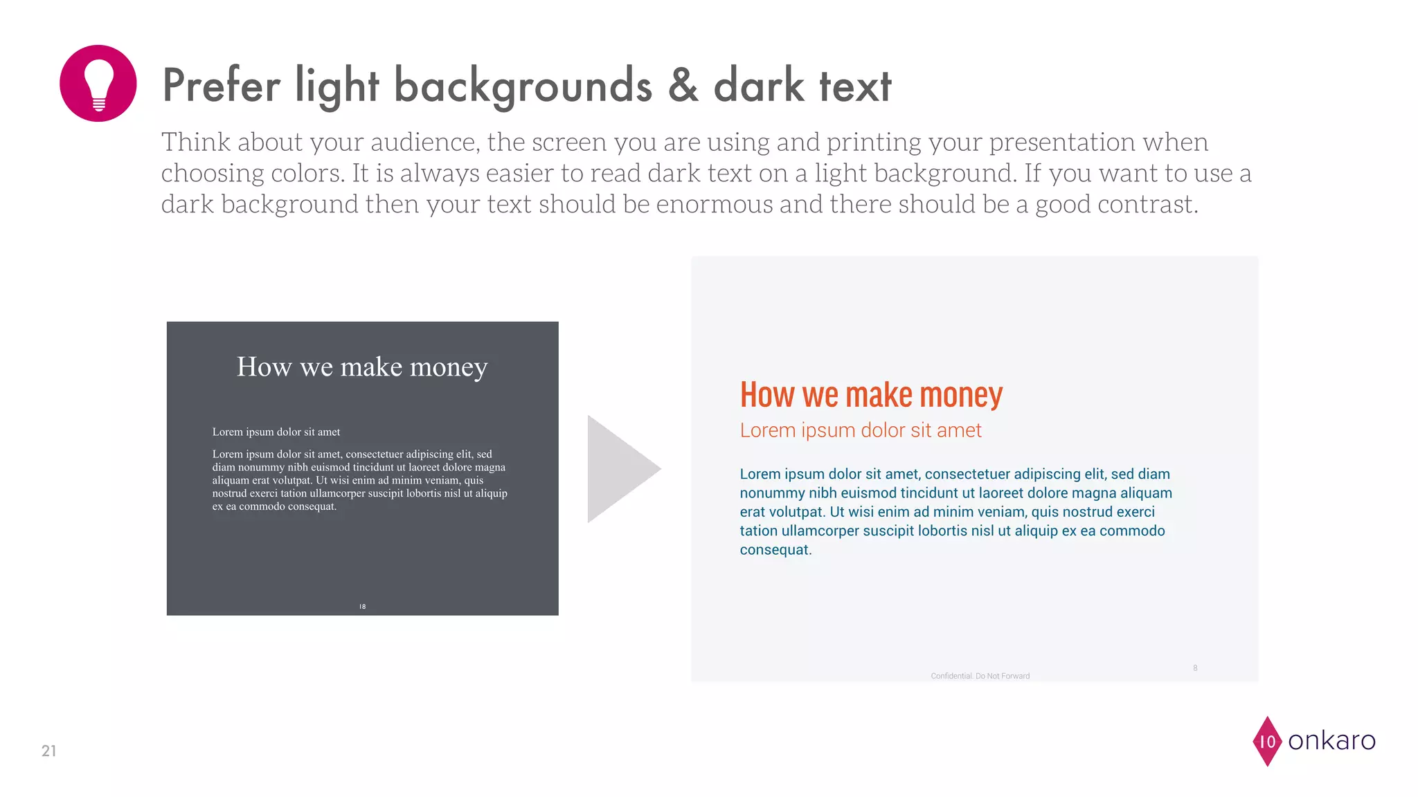 onkaro1021
Prefer light backgrounds & dark text
Think about your audience, the screen you are using and printing your presentation when
choosing colors. It is always easier to read dark text on a light background. If you want to use a
dark background then your text should be enormous and there should be a good contrast.
 