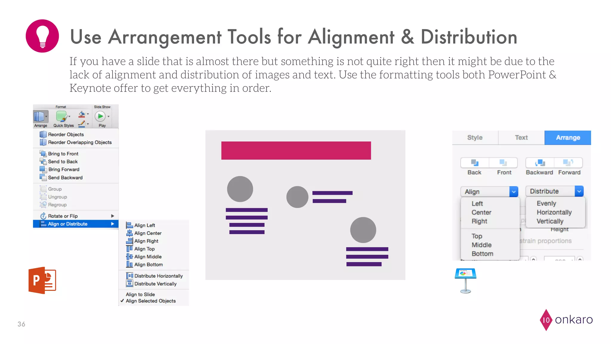 onkaro1036
Use Arrangement Tools for Alignment & Distribution
If you have a slide that is almost there but something is not quite right then it might be due to the
lack of alignment and distribution of images and text. Use the formatting tools both PowerPoint &
Keynote offer to get everything in order.
 
