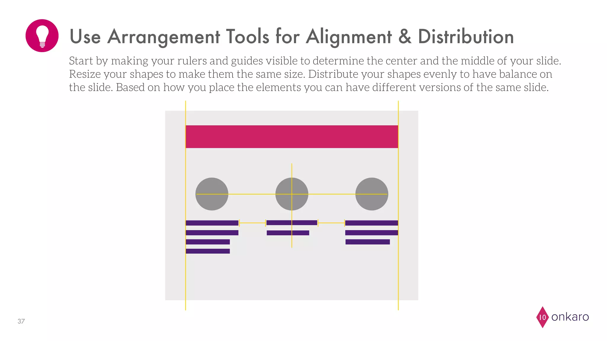 onkaro1037
Use Arrangement Tools for Alignment & Distribution
Start by making your rulers and guides visible to determine the center and the middle of your slide.
Resize your shapes to make them the same size. Distribute your shapes evenly to have balance on
the slide. Based on how you place the elements you can have different versions of the same slide.
 