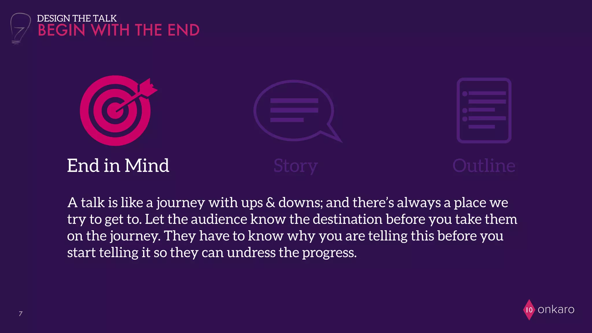 onkaro107
End in Mind Story
BEGIN WITH THE END
DESIGN THE TALK
Outline
A talk is like a journey with ups & downs; and there’s always a place we
try to get to. Let the audience know the destination before you take them
on the journey. They have to know why you are telling this before you
start telling it so they can undress the progress.
 