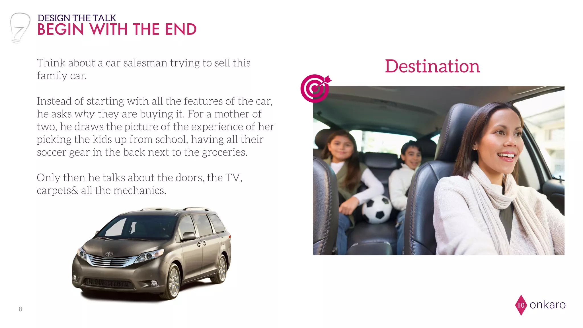 onkaro108
BEGIN WITH THE END
DESIGN THE TALK
Think about a car salesman trying to sell this
family car.
Instead of starting with all the features of the car,
he asks why they are buying it. For a mother of
two, he draws the picture of the experience of her
picking the kids up from school, having all their
soccer gear in the back next to the groceries.
Only then he talks about the doors, the TV,
carpets& all the mechanics.
Destination
 