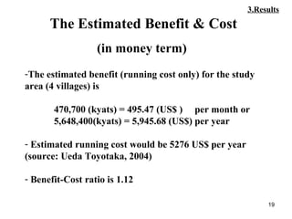 19
-The estimated benefit (running cost only) for the study
area (4 villages) is
470,700 (kyats) = 495.47 (US$ ) per month or
5,648,400(kyats) = 5,945.68 (US$) per year
- Estimated running cost would be 5276 US$ per year
(source: Ueda Toyotaka, 2004)
- Benefit-Cost ratio is 1.12
The Estimated Benefit & Cost
(in money term)
3.Results
 
