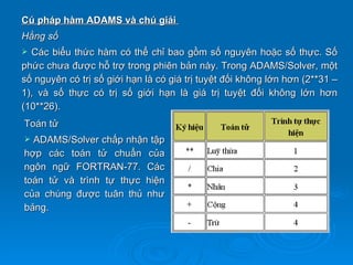 Cú pháp hàm ADAMS và chú giải
Hằng số
 Các biểu thức hàm có thể chỉ bao gồm số nguyên hoặc số thực. Số
phức chưa được hỗ trợ trong phiên bản này. Trong ADAMS/Solver, một
số nguyên có trị số giới hạn là có giá trị tuyệt đối không lớn hơn (2**31 –
1), và số thực có trị số giới hạn là giá trị tuyệt đối không lớn hơn
(10**26).
Toán tử
 ADAMS/Solver chấp nhận tập
hợp các toán tử chuẩn của
ngôn ngữ FORTRAN-77. Các
toán tử và trình tự thực hiện
của chúng được tuân thủ như
bảng.
 