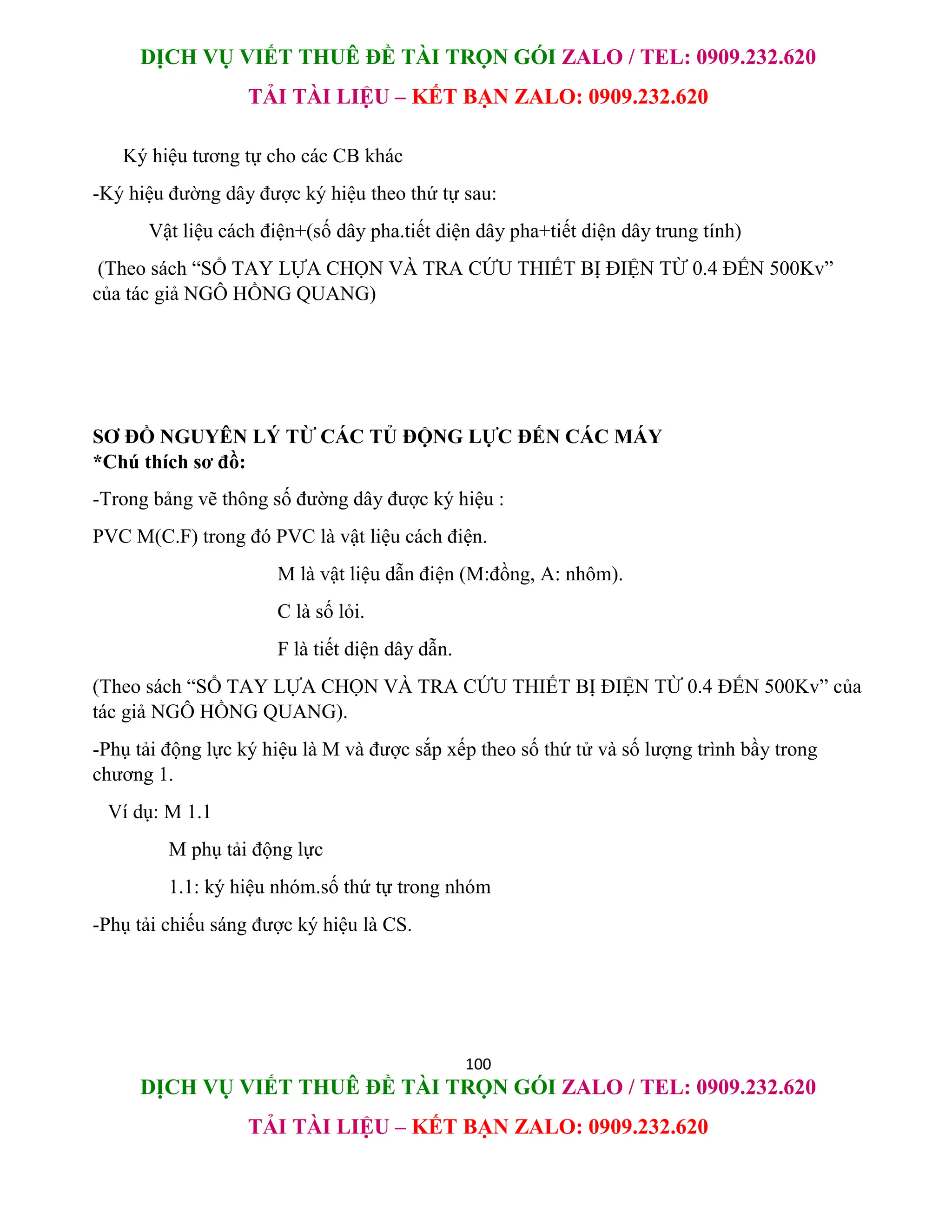 DỊCH VỤ VIẾT THUÊ ĐỀ TÀI TRỌN GÓI ZALO / TEL: 0909.232.620
TẢI TÀI LIỆU – KẾT BẠN ZALO: 0909.232.620
100
DỊCH VỤ VIẾT THUÊ ĐỀ TÀI TRỌN GÓI ZALO / TEL: 0909.232.620
TẢI TÀI LIỆU – KẾT BẠN ZALO: 0909.232.620
Ký hiệu tương tự cho các CB khác
-Ký hiệu đường dây được ký hiệu theo thứ tự sau:
Vật liệu cách điện+(số dây pha.tiết diện dây pha+tiết diện dây trung tính)
(Theo sách “SỔ TAY LỰA CHỌN VÀ TRA CỨU THIẾT BỊ ĐIỆN TỪ 0.4 ĐẾN 500Kv”
của tác giả NGÔ HỒNG QUANG)
SƠ ĐỒ NGUYÊN LÝ TỪ CÁC TỦ ĐỘNG LỰC ĐẾN CÁC MÁY
*Chú thích sơ đồ:
-Trong bảng vẽ thông số đường dây được ký hiệu :
PVC M(C.F) trong đó PVC là vật liệu cách điện.
M là vật liệu dẫn điện (M:đồng, A: nhôm).
C là số lỏi.
F là tiết diện dây dẫn.
(Theo sách “SỔ TAY LỰA CHỌN VÀ TRA CỨU THIẾT BỊ ĐIỆN TỪ 0.4 ĐẾN 500Kv” của
tác giả NGÔ HỒNG QUANG).
-Phụ tải động lực ký hiệu là M và được sắp xếp theo số thứ tử và số lượng trình bầy trong
chương 1.
Ví dụ: M 1.1
M phụ tải động lực
1.1: ký hiệu nhóm.số thứ tự trong nhóm
-Phụ tải chiếu sáng được ký hiệu là CS.
 