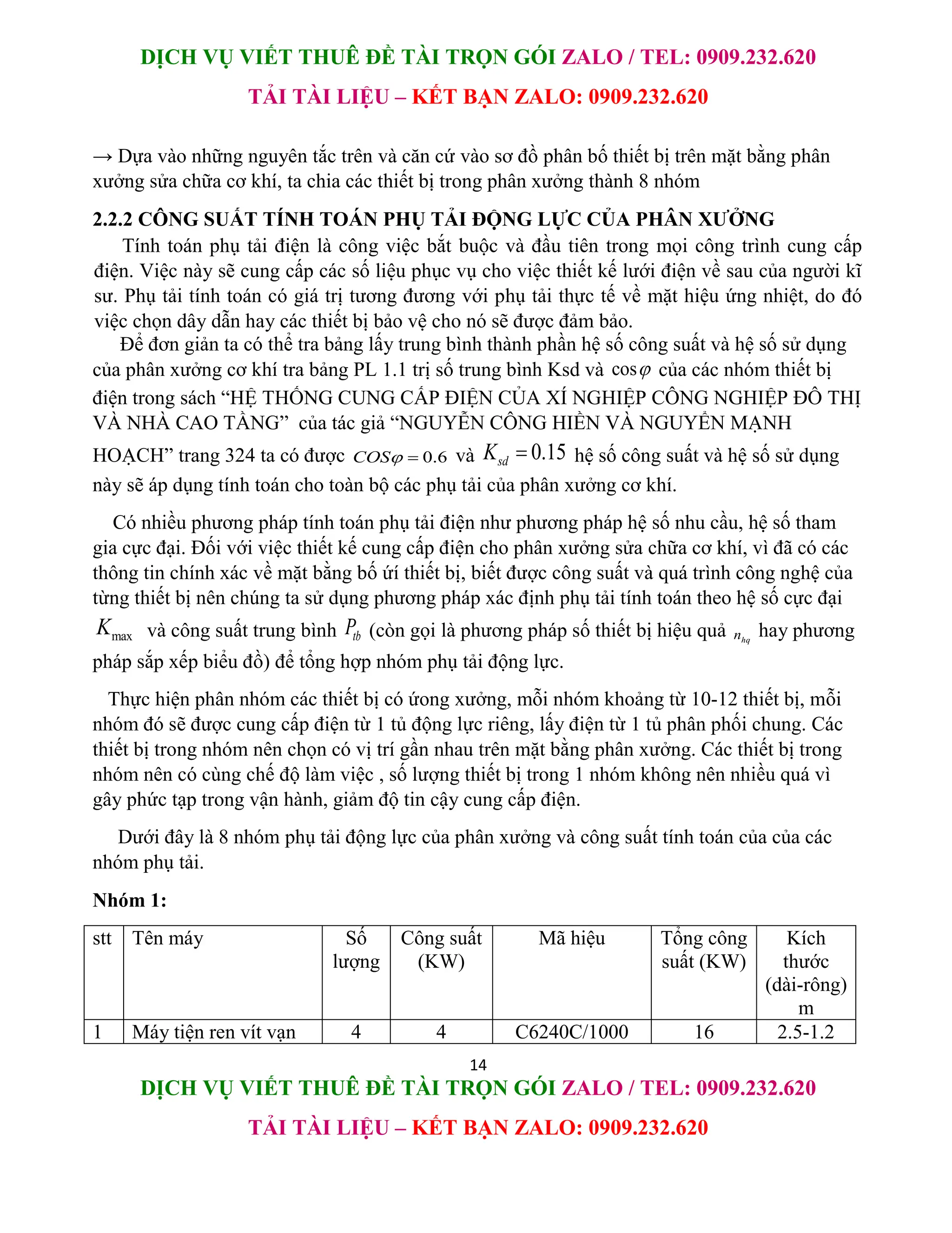 DỊCH VỤ VIẾT THUÊ ĐỀ TÀI TRỌN GÓI ZALO / TEL: 0909.232.620
TẢI TÀI LIỆU – KẾT BẠN ZALO: 0909.232.620
14
DỊCH VỤ VIẾT THUÊ ĐỀ TÀI TRỌN GÓI ZALO / TEL: 0909.232.620
TẢI TÀI LIỆU – KẾT BẠN ZALO: 0909.232.620
→ Dựa vào những nguyên tắc trên và căn cứ vào sơ đồ phân bố thiết bị trên mặt bằng phân
xưởng sửa chữa cơ khí, ta chia các thiết bị trong phân xưởng thành 8 nhóm
2.2.2 CÔNG SUẤT TÍNH TOÁN PHỤ TẢI ĐỘNG LỰC CỦA PHÂN XƯỞNG
Tính toán phụ tải điện là công việc bắt buộc và đầu tiên trong mọi công trình cung cấp
điện. Việc này sẽ cung cấp các số liệu phục vụ cho việc thiết kế lưới điện về sau của người kĩ
sư. Phụ tải tính toán có giá trị tương đương với phụ tải thực tế về mặt hiệu ứng nhiệt, do đó
việc chọn dây dẫn hay các thiết bị bảo vệ cho nó sẽ được đảm bảo.
Để đơn giản ta có thể tra bảng lấy trung bình thành phần hệ số công suất và hệ số sử dụng
của phân xưởng cơ khí tra bảng PL 1.1 trị số trung bình Ksd và cos của các nhóm thiết bị
điện trong sách “HỆ THỐNG CUNG CẤP ĐIỆN CỦA XÍ NGHIỆP CÔNG NGHIỆP ĐÔ THỊ
VÀ NHÀ CAO TẦNG” của tác giả “NGUYỄN CÔNG HIỀN VÀ NGUYỂN MẠNH
HOẠCH” trang 324 ta có được 0.6
COS  và 0.15
sd
K  hệ số công suất và hệ số sử dụng
này sẽ áp dụng tính toán cho toàn bộ các phụ tải của phân xưởng cơ khí.
Có nhiều phương pháp tính toán phụ tải điện như phương pháp hệ số nhu cầu, hệ số tham
gia cực đại. Đối với việc thiết kế cung cấp điện cho phân xưởng sửa chữa cơ khí, vì đã có các
thông tin chính xác về mặt bằng bố ứí thiết bị, biết được công suất và quá trình công nghệ của
từng thiết bị nên chúng ta sử dụng phương pháp xác định phụ tải tính toán theo hệ số cực đại
max
K và công suất trung bình tb
P (còn gọi là phương pháp số thiết bị hiệu quả hq
n hay phương
pháp sắp xếp biểu đồ) để tổng hợp nhóm phụ tải động lực.
Thực hiện phân nhóm các thiết bị có ứong xưởng, mỗi nhóm khoảng từ 10-12 thiết bị, mỗi
nhóm đó sẽ được cung cấp điện từ 1 tủ động lực riêng, lấy điện từ 1 tủ phân phối chung. Các
thiết bị trong nhóm nên chọn có vị trí gần nhau trên mặt bằng phân xưởng. Các thiết bị trong
nhóm nên có cùng chế độ làm việc , số lượng thiết bị trong 1 nhóm không nên nhiều quá vì
gây phức tạp trong vận hành, giảm độ tin cậy cung cấp điện.
Dưới đây là 8 nhóm phụ tải động lực của phân xưởng và công suất tính toán của của các
nhóm phụ tải.
Nhóm 1:
stt Tên máy Số
lượng
Công suất
(KW)
Mã hiệu Tổng công
suất (KW)
Kích
thước
(dài-rông)
m
1 Máy tiện ren vít vạn 4 4 C6240C/1000 16 2.5-1.2
 