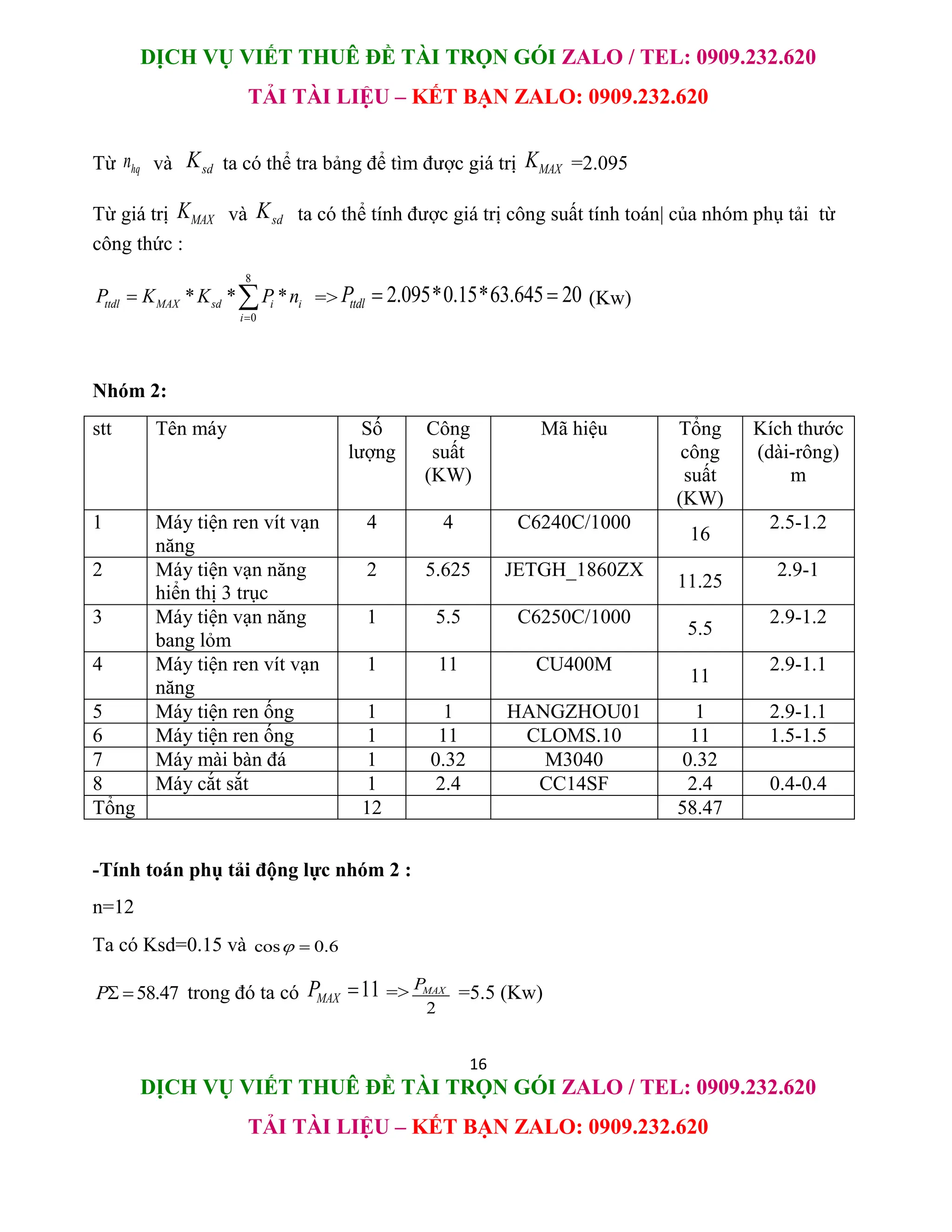 DỊCH VỤ VIẾT THUÊ ĐỀ TÀI TRỌN GÓI ZALO / TEL: 0909.232.620
TẢI TÀI LIỆU – KẾT BẠN ZALO: 0909.232.620
16
DỊCH VỤ VIẾT THUÊ ĐỀ TÀI TRỌN GÓI ZALO / TEL: 0909.232.620
TẢI TÀI LIỆU – KẾT BẠN ZALO: 0909.232.620
Từ hq
n và sd
K ta có thể tra bảng để tìm được giá trị MAX
K =2.095
Từ giá trị MAX
K và sd
K ta có thể tính được giá trị công suất tính toán| của nhóm phụ tải từ
công thức :
8
0
* * *
ttdl MAX sd i i
i
P K K P n

  => 2.095*0.15*63.645 20
ttdl
P   (Kw)
Nhóm 2:
stt Tên máy Số
lượng
Công
suất
(KW)
Mã hiệu Tổng
công
suất
(KW)
Kích thước
(dài-rông)
m
1 Máy tiện ren vít vạn
năng
4 4 C6240C/1000
16
2.5-1.2
2 Máy tiện vạn năng
hiển thị 3 trục
2 5.625 JETGH_1860ZX
11.25
2.9-1
3 Máy tiện vạn năng
bang lỏm
1 5.5 C6250C/1000
5.5
2.9-1.2
4 Máy tiện ren vít vạn
năng
1 11 CU400M
11
2.9-1.1
5 Máy tiện ren ống 1 1 HANGZHOU01 1 2.9-1.1
6 Máy tiện ren ống 1 11 CLOMS.10 11 1.5-1.5
7 Máy mài bàn đá 1 0.32 M3040 0.32
8 Máy cắt sắt 1 2.4 CC14SF 2.4 0.4-0.4
Tổng 12 58.47
-Tính toán phụ tải động lực nhóm 2 :
n=12
Ta có Ksd=0.15 và cos 0.6
 
58.47
P  trong đó ta có 11
MAX
P  =>
2
MAX
P
=5.5 (Kw)
 