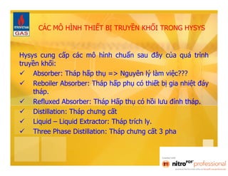 CÁC MÔ HÌNH THIẾT BỊ TRUYỀN KHỐI TRONG HYSYS 
Hysys cung cấp các mô hình chuẩn sau đây của quá trình 
truyền khối: 
 Absorber: Tháp hấp thụ => Nguyên lý làm việc??? 
 Reboiler Absorber: Tháp hấp phụ có thiết bị gia nhiệt đáy 
tháp. 
 Refluxed Absorber: Tháp Hấp thụ có hồi lưu đỉnh tháp. 
 Distillation: Tháp chưng cất 
 Liquid – Liquid Extractor: Tháp trích ly. 
 Three Phase Distillation: Tháp chưng cất 3 pha 
 