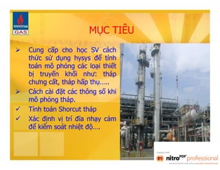 MỤC TIÊU 
 Cung cấp cho học SV cách 
thức sử dụng hysys để tính 
toán mô phỏng các loại thiết 
bị truyến khối như: tháp 
chưng cất, tháp hấp thụ….. 
 Cách cài đặt các thông số khi 
mô phỏng tháp. 
 Tính toán Shorcut tháp 
 Xác định vị trí đĩa nhạy cảm 
để kiểm soát nhiệt độ…. 
 