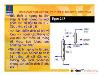 MÔ PHỎNG THÁP HẬP THỤ CÓ THIẾT BỊ NGƯNG TỤ ĐỈNH THÁP 
Nếu thiết bị ngưng tụ đỉnh 
tháp là loại ngưng tụ một 
phần => số bậc tự do = 2. 
Các thông số cài đặt 
=> Sản phẩm đỉnh cả khí và 
lỏng => ngoài các thông số 
vưa nêu cần thêm 01 thông 
số khác: Lưu lượng qua 
hơi/lỏng đỉnh tháp. 
Nế thiết bị ngưng tụ là dàng 
Full reflux => Số bặc tự do là 
01 thông số cài đặt như 
trường hợp Total condenser 
nhưng sản phẩm đỉnh là pha 
khí 
 