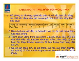 CASE STUDY 4: THỰC HÀNH MÔ PHỎNG THÁP 
1. Mô phỏng sơ đồ công nghệ nêu trên, từ đó xác định cần bằng 
vật chất sản phẩm đầu vào ra của quá trình (thể hiện bảng tính 
như sau): 
Thông số Tên dòng TopFeed ExpFeed Sales Gas OffGas LPG Naphta 
Tone/day ? ? ? ? ? ? ? 
2. Điều chỉnh áp suất đầu ra Expander sao cho áp suất dòng Sales 
Gas đạt 52 barg. 
3. Thành phần Etane trong sản phẩm LPG phụ thuộc vào nhiệt độ 
vận hành đáy tháp Reboiler Absorber. Điều chỉnh nhiệt độ vận 
hành đáy tháp Reboiler Absorber để hàm lượng Etan trong LPG 
đạt 2%. 
4. Giả sử sản phẩm LPG có giá thành cao hơn sản phẩm Naphta, 
xác định tỷ số hồi lưu đỉnh tháp sao cho hiệu quả thu hồi LPG là 
tối đa. 
