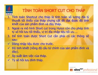 TÍNH TOÁN SHORT CUT CHO THÁP 
1. Tính toán Shortcut cho tháp là tính toán số lượng đĩa lý 
thuyết tối thiểu của tháp chưng cất đề đạt được độ tinh 
khiết của sản phẩm đỉnh và đáy tháp. 
2. Ngoài ra mô hình Short cut trong Hysys còn cho phép tính 
tỷ số hồi lưu tối thiểu, vị trí đĩa nhập liệu tối ưu…. 
3. Để tính toán được Short Cut cần phải có các thông số 
sau: 
 Dòng nhập liệu được cho trước. 
 Độ tinh khiết (nồng độ cấu tử chính của sản phẩm đỉnh và 
đáy). 
 Áp suất làm việc của tháp. 
 Tỷ số hồi lưu đỉnh tháp. 
 