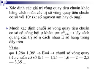 14
 X¸c ®Þnh c¸c gi¸ trÞ vßng quay tiªu chuÈn kh¸c
b»ng c¸ch nh©n c¸c trÞ sè vßng quay tiªu chuÈn
c¬ së víi 10x (x: sè nguyªn ©m hay d-¬ng)
 Muèn x¸c ®Þnh chuçi sè vßng quay tiªu chuÈn
c¬ së cã c«ng béi  kh¸c: = E
min  lÊy c¸ch
qu·ng c¸c trÞ sè n c¸ch nhau E sè h¹ng trong
d·y trªn
VÝ dô:
= 1,26= 1,064  E=4  chuçi sè vßng quay
tiªu chuÈn c¬ së lµ 1 – 1,25 – 1,6 – 2 – 2,5
– 3,35 ...
 