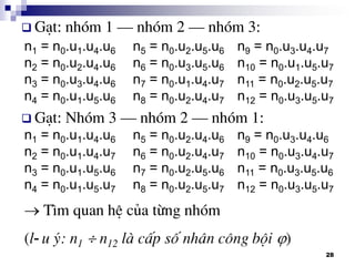 28
 G¹t: nhãm 1 – nhãm 2 – nhãm 3:
 G¹t: Nhãm 3 – nhãm 2 – nhãm 1:
n1 = n0.u1.u4.u6
n2 = n0.u2.u4.u6
n3 = n0.u3.u4.u6
n4 = n0.u1.u5.u6
n5 = n0.u2.u5.u6
n6 = n0.u3.u5.u6
n7 = n0.u1.u4.u7
n8 = n0.u2.u4.u7
n9 = n0.u3.u4.u7
n10 = n0.u1.u5.u7
n11 = n0.u2.u5.u7
n12 = n0.u3.u5.u7
n1 = n0.u1.u4.u6
n2 = n0.u1.u4.u7
n3 = n0.u1.u5.u6
n4 = n0.u1.u5.u7
n5 = n0.u2.u4.u6
n6 = n0.u2.u4.u7
n7 = n0.u2.u5.u6
n8 = n0.u2.u5.u7
n9 = n0.u3.u4.u6
n10 = n0.u3.u4.u7
n11 = n0.u3.u5.u6
n12 = n0.u3.u5.u7
 T×m quan hÖ cña tõng nhãm
(l-u ý: n1 n12 lµ cÊp sè nh©n c«ng béi )
 