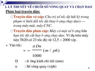 3
Ph©n lo¹i truyÒn dÉn:
TruyÒn dÉn v« cÊp: Cho trÞ sè tèc ®é bÊt kú trong
ph¹m vi biÕn ®æi tèc ®é (hay l-îng ch¹y dao) –
trong m¸y mµi, m¸y CNC.
TruyÒn dÉn ph©n cÊp: M¸y cã mét sè l-îng h÷u
h¹n tèc ®é c¾t hay l-îng ch¹y dao. VÝ dô trªn m¸y
tiÖn T620 cã 23 tèc ®é: tõ 12,5  2000 v/p.
 VËn tèc:
D : ®-êng kÝnh chi tiÕt (mm)
n : Sè vßng quay (v/ph)
( / )
1000
Dn
v m ph


1. Lý thuyÕt vÒ chuçi sè vßng quay vµ ch¹y Dao
 