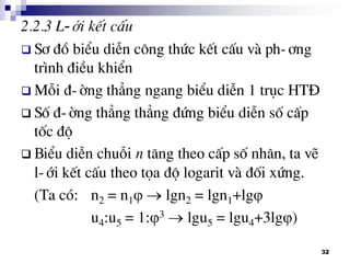 32
2.2.3 L-íi kÕt cÊu
 S¬ ®å biÓu diÔn c«ng thøc kÕt cÊu vµ ph-¬ng
tr×nh ®iÒu khiÓn
 Mçi ®-êng th¼ng ngang biÓu diÔn 1 trôc HT§
 Sè ®-êng th¼ng th¼ng ®øng biÓu diÔn sè cÊp
tèc ®é
 BiÓu diÔn chuçi n t¨ng theo cÊp sè nh©n, ta vÏ
l-íi kÕt cÊu theo täa ®é logarit vµ ®èi xøng.
(Ta cã: n2 = n1  lgn2 = lgn1+lg
u4:u5 = 1:3  lgu5 = lgu4+3lg)
 