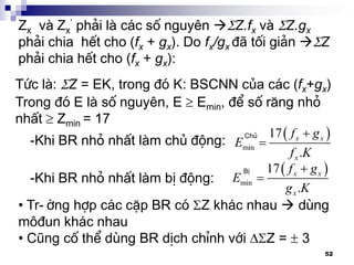 52
Zx vµ Zx
’ ph¶i lµ c¸c sè nguyªn Z.fx vµ Z.gx
ph¶i chia hÕt cho (fx + gx). Do fx/gx ®· tèi gi¶n Z
ph¶i chia hÕt cho (fx + gx):
Tøc lµ: Z = EK, trong ®ã K: BSCNN cña c¸c (fx+gx)
Trong ®ã E lµ sè nguyªn, E  Emin, ®Ó sè r¨ng nhá
nhÊt  Zmin = 17
-Khi BR nhá nhÊt lµm chñ ®éng:  
min
17
.
x x
x
f g
E
f K


Chñ
-Khi BR nhá nhÊt lµm bÞ ®éng:
 
min
17
.
x x
x
f g
E
g K


BÞ
• Tr-êng hîp c¸c cÆp BR cã Z kh¸c nhau  dïng
m«®un kh¸c nhau
• Còng cè thÓ dïng BR dÞch chØnh víi Z =  3
 