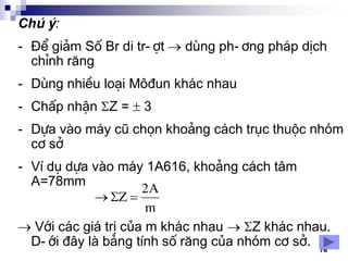 76
Chó ý:
- §Ó gi¶m Sè Br di tr-ît  dïng ph-¬ng ph¸p dÞch
chØnh r¨ng
- Dïng nhiÒu lo¹i M«®un kh¸c nhau
- ChÊp nhËn Z =  3
- Dùa vµo m¸y cò chän kho¶ng c¸ch trôc thuéc nhãm
c¬ së
- VÝ dô dùa vµo m¸y 1A616, kho¶ng c¸ch t©m
A=78mm
 Víi c¸c gi¸ trÞ cña m kh¸c nhau  Z kh¸c nhau.
D-íi ®©y lµ b¶ng tÝnh sè r¨ng cña nhãm c¬ së.
2A
Z
m
  
 