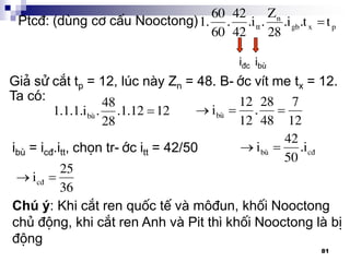 81
n
tt gb x p
Z60 42
1. . .i . .i .t t
60 42 28

i®c ibï
Ptc®: (dïng c¬ cÊu Nooctong)
Gi¶ sö c¾t tp = 12, lóc nµy Zn = 48. B-íc vÝt me tx = 12.
Ta cã:
bï
48
1.1.1.i . .1.12 12
28
  bï
12 28 7
i .
12 48 12
ibï = ic®.itt, chän tr-íc itt = 42/50  bï c®
42
i .i
50
 c®
25
i
36
Chó ý: Khi c¾t ren quèc tÕ vµ m«®un, khèi Nooctong
chñ ®éng, khi c¾t ren Anh vµ Pit th× khèi Nooctong lµ bÞ
®éng
 