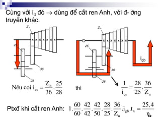 82
Cïng víi itt ®ã  dïng ®Ó c¾t ren Anh, víi ®-êng
truyÒn kh¸c.
 n
cs
Z 25
NÕu coi i .
36 28
igb
thì 
cs n
1 28 36
.
i 25 Z
Ptxđ khi cắt ren Anh: gb x
n
60 42 42 28 36 25,4
1. . . . . .i .t
60 42 50 25 Z n
 