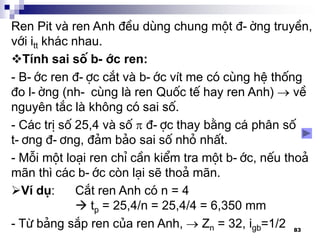 83
Ren Pit vµ ren Anh ®Òu dïng chung mét ®-êng truyÒn,
víi itt kh¸c nhau.
TÝnh sai sè b-íc ren:
- B-íc ren ®-îc c¾t vµ b-íc vÝt me cã cïng hÖ thèng
®o l-êng (nh- cïng lµ ren Quèc tÕ hay ren Anh)  vÒ
nguyªn t¾c lµ kh«ng cã sai sè.
- C¸c trÞ sè 25,4 vµ sè  ®-îc thay b»ng c¸ ph©n sè
t-¬ng ®-¬ng, ®¶m b¶o sai sè nhá nhÊt.
- Mçi mét lo¹i ren chØ cÇn kiÓm tra mét b-íc, nÕu tho¶
m·n th× c¸c b-íc cßn l¹i sÏ tho¶ m·n.
VÝ dô: C¾t ren Anh cã n = 4
 tp = 25,4/n = 25,4/4 = 6,350 mm
- Tõ b¶ng s¾p ren cña ren Anh,  Zn = 32, igb=1/2
 