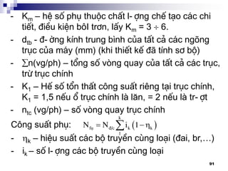 91
- Km – hÖ sè phô thuéc chÊt l-îng chÕ t¹o c¸c chi
tiÕt, ®iÒu kiÖn b«I tr¬n, lÊy Km = 3  6.
- dtb - ®-êng kÝnh trung b×nh cña tÊt c¶ c¸c ngâng
trôc cña m¸y (mm) (khi thiÕt kÕ ®· tÝnh s¬ bé)
- n(vg/ph) – tæng sè vßng quay cña tÊt c¶ c¸c trôc,
trõ trôc chÝnh
- K1 – HÕ sè tæn thÊt c«ng suÊt riªng t¹i trôc chÝnh,
K1 = 1,5 nÕu æ trôc chÝnh lµ l¨n, = 2 nÕu lµ tr-ît
- ntc (vg/ph) – sè vßng quay trôc chÝnh
C«ng suÊt phô:   
k
fô ®/c k k
1
N N i 1
- k – hiÖu suÊt c¸c bé truyÒn cïng lo¹i (®ai, br,…)
- ik – sè l-îng c¸c bé truyÒn cïng lo¹i
 