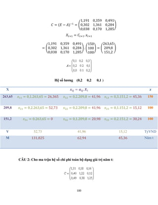 100
𝐶 = (𝐸 − 𝐴)−1
= (
1,191 0,359 0,491
0,302 1,361 0,284
0,038 0,170 1,285
)
𝑋𝑡+1 = 𝐶𝑡+1. 𝑥𝑡+1
= (
1,191 0,359 0,491
0,302 1,361 0,284
0,038 0,170 1,285
) . (
150
100
100
) = (
263,65
209,8
151,2
)
Hệ số lương (0,2 0,2 0,1 )
X 𝒙𝒊𝒋 = 𝒂𝒊𝒋. 𝑿𝒊 𝒙
263,65 𝑥11 = 0,1.263,65 = 26,365 𝑥12 = 0,2.209,8 = 41,96 𝑥13 = 0,3.151,2 = 45,36 150
209,8 𝑥21 = 0,2.263,65 = 52,73 𝑥22 = 0,2.209,8 = 41,96 𝑥23 = 0,1.151,2 = 15,12 100
151,2 𝑥31 = 0.263,65 = 0 𝑥32 = 0,1.209,8 = 20,98 𝑥33 = 0,2.151,2 = 30,24 100
V 52,73 41,96 15,12 TỷVND
M 131,825 62,94 45,36 Năm t
CÂU 2: Cho ma trận hệ số chi phí toàn bộ dạng giá trị năm t:
 