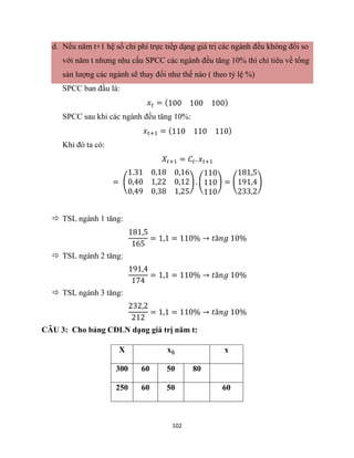 102
d. Nếu năm t+1 hệ số chi phí trực tiếp dạng giá trị các ngành đều không đối so
với năm t nhưng nhu cầu SPCC các ngành đều tăng 10% thì chỉ tiêu về tổng
sản lượng các ngành sẽ thay đổi như thế nào ( theo tỷ lệ %)
SPCC ban đầu là:
𝑥𝑡 = (100 100 100)
SPCC sau khi các ngành đều tăng 10%:
𝑥𝑡+1 = (110 110 110)
Khi đó ta có:
𝑋𝑡+1 = 𝐶𝑡. 𝑥𝑡+1
= (
1.31 0,18 0,16
0,40 1,22 0,12
0,49 0,38 1,25
) . (
110
110
110
) = (
181,5
191,4
233,2
)
 TSL ngành 1 tăng:
181,5
165
= 1,1 = 110% → 𝑡ă𝑛𝑔 10%
 TSL ngành 2 tăng:
191,4
174
= 1,1 = 110% → 𝑡ă𝑛𝑔 10%
 TSL ngành 3 tăng:
232,2
212
= 1,1 = 110% → 𝑡ă𝑛𝑔 10%
CÂU 3: Cho bảng CĐLN dạng giá trị năm t:
X xij x
300 60 50 80
250 60 50 60
 