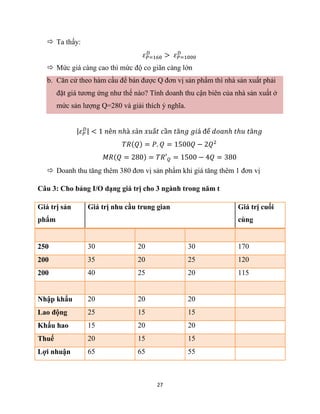 27
 Ta thấy:
𝜀𝑃=160
𝐷
> 𝜀𝑃=1000
𝐷
 Mức giá càng cao thì mức độ co giãn càng lớn
b. Căn cứ theo hàm cầu để bán được Q đơn vị sản phẩm thì nhà sản xuất phải
đặt giá tương ứng như thế nào? Tính doanh thu cận biên của nhà sản xuất ở
mức sản lượng Q=280 và giải thích ý nghĩa.
|𝜀𝑃
𝐷| < 1 𝑛ê𝑛 𝑛ℎà 𝑠ả𝑛 𝑥𝑢ấ𝑡 𝑐ầ𝑛 𝑡ă𝑛𝑔 𝑔𝑖á để 𝑑𝑜𝑎𝑛ℎ 𝑡ℎ𝑢 𝑡ă𝑛𝑔
𝑇𝑅(𝑄) = 𝑃. 𝑄 = 1500𝑄 − 2𝑄2
𝑀𝑅(𝑄 = 280) = 𝑇𝑅′𝑄 = 1500 − 4𝑄 = 380
 Doanh thu tăng thêm 380 đơn vị sản phẩm khi giá tăng thêm 1 đơn vị
Câu 3: Cho bảng I/O dạng giá trị cho 3 ngành trong năm t
Giá trị sản
phẩm
Giá trị nhu cầu trung gian Giá trị cuối
cùng
250 30 20 30 170
200 35 20 25 120
200 40 25 20 115
Nhập khẩu 20 20 20
Lao động 25 15 15
Khấu hao 15 20 20
Thuế 20 15 15
Lợi nhuận 65 65 55
 