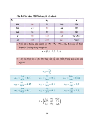 38
Câu 1: Cho bảng CĐLN dạng giá trị năm t:
X 𝒙𝒊𝒋 𝒙
900 90 76 160 574
760 45 76 64 575
640 90 76 128 346
V 90 152 64 Tỷ VNĐ
M 585 380 224 Năm t
a. Cho hệ số lương các ngành là: (0,1 0,2 0,1). Hãy điền các số thích
hợp vào ô trông trong bảng trên.
𝑤 = (0,1 0,2 0,1)
b. Tìm ma trận hệ số chi phí trực tiếp về sản phẩm trung gian giữa các
ngành
𝒂𝒊𝒋 =
𝒙𝒊𝒋
𝒙𝟏
𝒂𝟏𝟏 =
𝟗𝟎
𝟗𝟎𝟎
= 𝟎, 𝟏 𝑎12 =
76
760
= 𝟎, 𝟏 𝑎13 =
160
640
= 𝟎, 𝟐𝟓
𝒂𝟐𝟏 =
𝟒𝟓
𝟗𝟎𝟎
= 𝟎, 𝟎𝟓 𝑎22 =
76
760
= 𝟎, 𝟏 𝑎23 =
64
640
= 𝟎, 𝟏
𝒂𝟑𝟏 =
𝟗𝟎
𝟗𝟎𝟎
= 𝟎, 𝟏 𝑎32 =
76
760
= 𝟎, 𝟏 𝑎33 =
128
640
= 𝟎, 𝟐
𝐴 = (
0,1 0,1 0,25
0,05 0,1 0,1
0,1 0,1 0,2
)
 