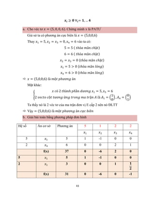 43
𝒙𝒊 ≥ 𝟎 ∀𝒊= 𝟏, … 𝟒
a. Cho véc tơ 𝑥 = (5, 0, 0, 6). Chứng minh x là PATƯ
Giả sử ta có phương án cực biên là 𝑥 = (5,0,0,6)
Thay 𝑥1 = 5, 𝑥2 = 𝑥3 = 0, 𝑥4 = 6 vào ta có:
5 = 5 ( 𝑡ℎỏ𝑎 𝑚ã𝑛 𝑐ℎặ𝑡)
6 = 6 ( 𝑡ℎỏ𝑎 𝑚ã𝑛 𝑐ℎặ𝑡)
𝑥2 = 𝑥3 = 0 (𝑡ℎỏ𝑎 𝑚ã𝑛 𝑐ℎặ𝑡)
𝑥1 = 5 > 0 (𝑡ℎỏ𝑎 𝑚ã𝑛 𝑙ỏ𝑛𝑔)
𝑥4 = 6 > 0 (𝑡ℎỏ𝑎 𝑚ã𝑛 𝑙ỏ𝑛𝑔)
 𝑥 = (5,0,0,6) 𝑙à 𝑚ộ𝑡 𝑝ℎươ𝑛𝑔 á𝑛
Mặt khác:
{
𝑥 𝑐ó 2 𝑡ℎà𝑛ℎ 𝑝ℎầ𝑛 𝑑ươ𝑛𝑔 𝑥1 = 5, 𝑥5 = 6
2 𝑣𝑒𝑐𝑡𝑜 𝑐ộ𝑡 𝑡ươ𝑛𝑔 ứ𝑛𝑔 𝑡𝑟𝑜𝑛𝑔 𝑚𝑎 𝑡𝑟ậ𝑛 𝐴 𝑙à 𝐴1 = (
1
0
) , 𝐴4 = (
0
1
)
Ta thấy nó là 2 véc tơ của ma trận đơn vị E cấp 2 nên nó ĐLTT
 Vậy = (5,0,0,6) 𝑙à 𝑚ộ𝑡 𝑝ℎươ𝑛𝑔 á𝑛 𝑐ự𝑐 𝑏𝑖ê𝑛
b. Giải bài toán bằng phương pháp đơn hình
Hệ số Ẩn cơ sở Phương án 5 1 2 2
𝑥1 𝑥2 𝑥3 𝑥4
5 𝑥1 5 1 -1 0 0
2 𝑥4 6 0 0 2 1
f(x) 37 0 -6 2 0
5 𝑥1 5 1 -1 0 0
2 𝑥1 3 0 0 1 𝟏
𝟐
f(x) 31 0 -6 0 -1
 