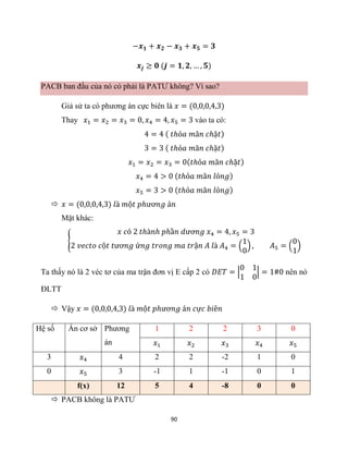 90
−𝒙𝟏 + 𝒙𝟐 − 𝒙𝟑 + 𝒙𝟓 = 𝟑
𝒙𝒋 ≥ 𝟎 (𝒋 = 𝟏, 𝟐, … , 𝟓)
PACB ban đầu của nó có phải là PATƯ không? Vì sao?
Giả sử ta có phương án cực biên là 𝑥 = (0,0,0,4,3)
Thay 𝑥1 = 𝑥2 = 𝑥3 = 0, 𝑥4 = 4, 𝑥5 = 3 vào ta có:
4 = 4 ( 𝑡ℎỏ𝑎 𝑚ã𝑛 𝑐ℎặ𝑡)
3 = 3 ( 𝑡ℎỏ𝑎 𝑚ã𝑛 𝑐ℎặ𝑡)
𝑥1 = 𝑥2 = 𝑥3 = 0(𝑡ℎỏ𝑎 𝑚ã𝑛 𝑐ℎặ𝑡)
𝑥4 = 4 > 0 (𝑡ℎỏ𝑎 𝑚ã𝑛 𝑙ỏ𝑛𝑔)
𝑥5 = 3 > 0 (𝑡ℎỏ𝑎 𝑚ã𝑛 𝑙ỏ𝑛𝑔)
 𝑥 = (0,0,0,4,3) 𝑙à 𝑚ộ𝑡 𝑝ℎươ𝑛𝑔 á𝑛
Mặt khác:
{
𝑥 𝑐ó 2 𝑡ℎà𝑛ℎ 𝑝ℎầ𝑛 𝑑ươ𝑛𝑔 𝑥4 = 4, 𝑥5 = 3
2 𝑣𝑒𝑐𝑡𝑜 𝑐ộ𝑡 𝑡ươ𝑛𝑔 ứ𝑛𝑔 𝑡𝑟𝑜𝑛𝑔 𝑚𝑎 𝑡𝑟ậ𝑛 𝐴 𝑙à 𝐴4 = (
1
0
) , 𝐴5 = (
0
1
)
Ta thấy nó là 2 véc tơ của ma trận đơn vị E cấp 2 có 𝐷𝐸𝑇 = |
0 1
1 0
| = 1#0 nên nó
ĐLTT
 Vậy 𝑥 = (0,0,0,4,3) 𝑙à 𝑚ộ𝑡 𝑝ℎươ𝑛𝑔 á𝑛 𝑐ự𝑐 𝑏𝑖ê𝑛
Hệ số Ẩn cơ sở Phương
án
1 2 2 3 0
𝑥1 𝑥2 𝑥3 𝑥4 𝑥5
3 𝑥4 4 2 2 -2 1 0
0 𝑥5 3 -1 1 -1 0 1
f(x) 12 5 4 -8 0 0
 PACB không là PATƯ
 