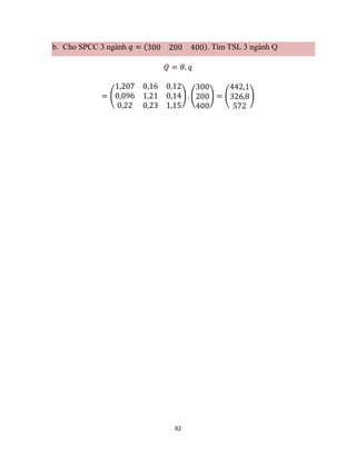 92
b. Cho SPCC 3 ngành 𝑞 = (300 200 400). Tìm TSL 3 ngành Q
𝑄 = 𝜃. 𝑞
= (
1,207 0,16 0,12
0,096 1,21 0,14
0,22 0,23 1,15
) . (
300
200
400
) = (
442,1
326,8
572
)
 