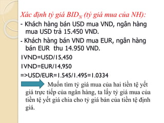 Xác định tỷ giá BIDN (tỷ giá mua của NH):
- Khách hàng bán USD mua VND, ngân hàng
mua USD trả 15.450 VND.
- Khách hàng bán VND mua EUR, ngân hàng
bán EUR thu 14.950 VND.
1VND=USD/15,450
1VND=EUR/14,950
=>USD/EUR=1.545/1.495=1.0334
Muốn tìm tỷ giá mua của hai tiền tệ yết
giá trực tiếp của ngân hàng, ta lấy tỷ giá mua của
tiền tệ yết giá chia cho tỷ giá bán của tiền tệ định
giá.
 