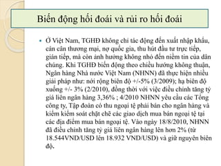  Ở Việt Nam, TGHĐ không chỉ tác động đến xuất nhập khẩu,
cán cân thương mại, nợ quốc gia, thu hút đầu tư trực tiếp,
gián tiếp, mà còn ảnh hưởng không nhỏ đến niềm tin của dân
chúng. Khi TGHĐ biến động theo chiều hướng không thuận,
Ngân hàng Nhà nước Việt Nam (NHNN) đã thực hiện nhiều
giải pháp như: nới rộng biên độ +/-5% (3/2009); hạ biên độ
xuống +/- 3% (2/2010), đồng thời với việc điều chỉnh tăng tỷ
giá liên ngân hàng 3,36% ; 4/2010 NHNN yêu cầu các Tổng
công ty, Tập đoàn có thu ngoại tệ phải bán cho ngân hàng và
kiểm kiểm soát chặt chẽ các giao dịch mua bán ngoại tệ tại
các địa điểm mua bán ngoại tệ. Vào ngày 18/8/2010, NHNN
đã điều chỉnh tăng tỷ giá liên ngân hàng lên hơn 2% (từ
18.544VND/USD lên 18.932 VND/USD) và giữ nguyên biên
độ.
Biến động tỷ giá và Rủi ro hối áBiến động hối á và rủi ro hối á
 