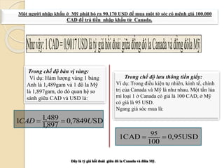 Trong chế độ lưu thông tiền giấy:
Ví dụ: Trong điều kiện tự nhiên, kinh tế, chính
trị của Canada và Mỹ là như nhau. Một tấn lúa
mì loại 1 ở Canada có giá là 100 CAD, ở Mỹ
có giá là 95 USD.
Ngang giá sức mua là:
Đây là tỷ giá hối á giữa đô la Canada và đôla Mỹ.
Trong chế độ bản vị vàng:
Ví dụ: Hàm lượng vàng 1 bảng
Anh là 1,489gam và 1 đô la Mỹ
là 1,897gam, do đó quan hệ so
sánh giữa CAD và USD là:
SD7849,0
897,1
489,11 UCAD 
0,95USD
100
1CAD
95

 