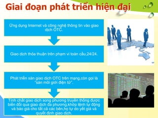 Giai đoạn phát triển hiện đại
Ứng dụng Internet và công nghệ thông tin vào giao
                   dịch OTC.




 Giao dịch thỏa thuận trên phạm vi toàn cầu,24/24.




 Phát triển sàn giao dịch OTC trên mạng,còn gọi là
               “sàn môi giới điện tử”.



Tính chất giao dịch song phương truyền thống được
biến đổi qua giao dịch đa phương,khớp lệnh tự động
  và báo giá cho tất cả các bên,họ tự do yết giá và
                quyết định giao dịch.
 