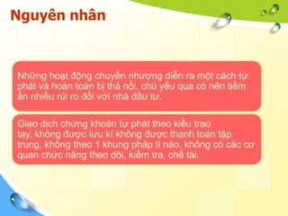 Nguyên nhân



Những hoạt động chuyển nhượng diễn ra một cách tự
phát và hoàn toàn bị thả nổi, chủ yếu qua cò nên tiềm
ẩn nhiều rủi ro đối với nhà đầu tư.

Giao dịch chứng khoán tự phát theo kiểu trao
tay, không được lưu kí không được thanh toán tập
trung, không theo 1 khung pháp lí nào, không có các cơ
quan chức năng theo dõi, kiểm tra, chế tài.
 