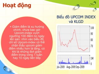 Hoạt động

                              Biểu đồ UPCOM INDEX
                                     và KLGD
 + Giảm điểm là xu hướng
     chính, chưa bao giờ
      Upcom-index vượt
 ngưỡng 100 điểm từ ngày
  lên sàn: nhìn vào biểu đồ
 chỉ số Upcom-index có thể
    nhận thấy upcom giảm
 điểm nhiều hơn là tăng, có
    khi là những đợt giảm
   điểm trong vòng 1 tuần
     hay 10 ngày liên tiếp
 