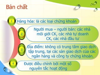 Bản chất

 1    Hàng hóa: là các loại chứng khoán

                 Người mua – người bán: các nhà
        2         môi giới CK, các nhà tự doanh
                       CK, các nhà đầu tư

             Địa điểm: không có trung tâm giao dịch
        3
             tập trung, tại các sàn giao dịch của các
               ngân hàng và công ty chứng khoán.
  4         Được điều chỉnh bởi một số
              nguyên tắc hoạt động
 