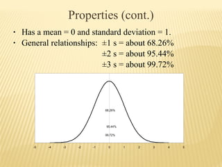 Properties (cont.)
• Has a mean = 0 and standard deviation = 1.
• General relationships: ±1 s = about 68.26%
±2 s = about 95.44%
±3 s = about 99.72%
-5 -4 -3 -2 -1 0 1 2 3 4 5
68.26%
95.44%
99.72%
 