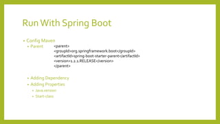 Database
Logging
Template Engine
Java Util
Logging
Logback
Log4J
Log4J2
Free Maker Thymeleaf Groovy Vlocity
SpringCore 4.1.x
SQL
JDBC
Data
JPA
No SQL
Mongo
DB
NEO 4J Solr
Elastic
search
Redis Gemfire
SpringSecurity
 