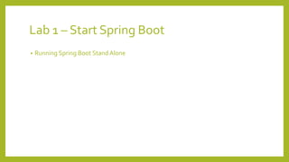 RunWith Spring Boot
• Config Maven
• Parent
• Adding Dependency
• Adding Properties
• Java.version
• Start-class
<parent>
<groupId>org.springframework.boot</groupId>
<artifactId>spring-boot-starter-parent</artifactId>
<version>1.2.1.RELEASE</version>
</parent>
<properties>
<java.version>1.7</java.version>
<start-class>tutorial.spring4.StandAloneApp</start-class>
</properties>
 