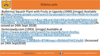 Re Bona Leseli Leseling La Hao. www.lce.ac.ls contacts: (+266) 22312721 www.facebook.com/LesothoCollegeOfEducation
Ntšetso pele
.Butternut Squash Plant with Fruits in Uganda.(1990).[image] Available
at:https://www.google.com/search?q=pumpkin+on+the+field+in+lesoth
o&client=firefox-
b&source=lnms&tbm=isch&sa=X&ved=0ahUKEwj3vdbUgNTdAhULAcAK
HQlcBBoQ_AUIDigB&biw=1280&bih=874#imgdii=AmSWcThQsfgcvM:[Ac
cessed on 24th Sept 2018]
.farmcrowdy.com.(1993). [image] Available at
:https://www.google.com/search?q=maize&client=firefox-
b&source=lnms&tbm=isch&sa=X&ved=0ahUKEwjal-
2Y_tPdAhVHIsAKHbk8B-
UQ_AUIDigB&biw=1280&bih=874#imgrc=0hIMoVFH41VtoM: [Accessed
on 24th Sept2018]
 