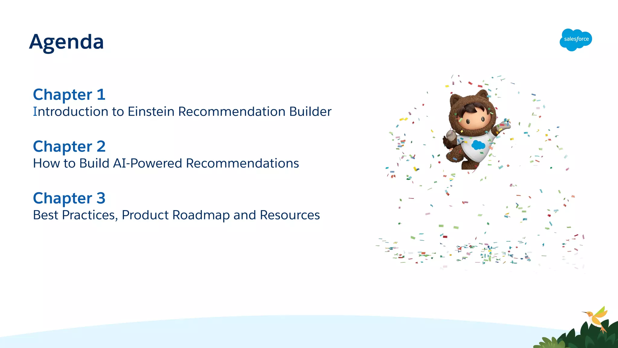 Chapter 1
Introduction to Einstein Recommendation Builder
Chapter 2
How to Build AI-Powered Recommendations
Chapter 3
Best Practices, Product Roadmap and Resources
Agenda
 