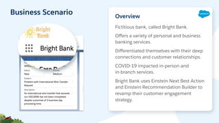 Business Scenario
Fictitious bank, called Bright Bank.
Oﬀers a variety of personal and business
banking services.
Diﬀerentiated themselves with their deep
connections and customer relationships.
COVID-19 impacted in-person and
in-branch services.
Bright Bank uses Einstein Next Best Action
and Einstein Recommendation Builder to
revamp their customer engagement
strategy.
Overview
 