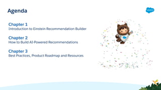 Chapter 1
Introduction to Einstein Recommendation Builder
Chapter 2
How to Build AI-Powered Recommendations
Chapter 3
Best Practices, Product Roadmap and Resources
Agenda
 