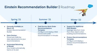 Einstein Recommendation Builder | Roadmap
● Generally Available on
March 16:
Einstein Recommendation
Builder
● Data Checke...