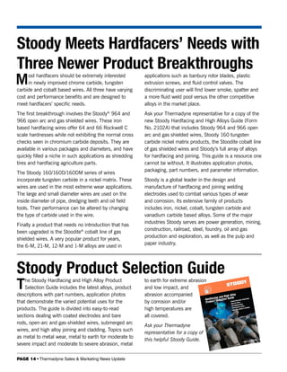 Stoody Meets Hardfacers’ Needs with
Three Newer Product Breakthroughs
M    ost hardfacers should be extremely interested
     in newly improved chrome carbide, tungsten
carbide and cobalt based wires. All three have varying
                                                           applications such as banbury rotor blades, plastic
                                                           extrusion screws, and fluid control valves. The
                                                           discriminating user will find lower smoke, spatter and
cost and performance benefits and are designed to          a more fluid weld pool versus the other competitive
meet hardfacers’ specific needs.                           alloys in the market place.
The first breakthrough involves the Stoody® 964 and        Ask your Thermadyne representative for a copy of the
966 open arc and gas shielded wires. These iron            new Stoody Hardfacing and High Alloys Guide (Form
based hardfacing wires offer 64 and 66 Rockwell C          No. 2102A) that includes Stoody 964 and 966 open
scale hardnesses while not exhibiting the normal cross     arc and gas shielded wires, Stoody 160 tungsten
checks seen in chromium carbide deposits. They are         carbide nickel matrix products, the Stoodite cobalt line
available in various packages and diameters, and have      of gas shielded wires and Stoody’s full array of alloys
quickly filled a niche in such applications as shredding   for hardfacing and joining. This guide is a resource one
tires and hardfacing agriculture parts.                    cannot be without. It illustrates application photos,
                                                           packaging, part numbers, and parameter information.
The Stoody 160/160D/160DM series of wires
incorporate tungsten carbide in a nickel matrix. These     Stoody is a global leader in the design and
wires are used in the most extreme wear applications.      manufacture of hardfacing and joining welding
The large and small diameter wires are used on the         electrodes used to combat various types of wear
inside diameter of pipe, dredging teeth and oil field      and corrosion. Its extensive family of products
tools. Their performance can be altered by changing        includes iron, nickel, cobalt, tungsten carbide and
the type of carbide used in the wire.                      vanadium carbide based alloys. Some of the major
                                                           industries Stoody serves are power generation, mining,
Finally a product that needs no introduction that has
                                                           construction, railroad, steel, foundry, oil and gas
been upgraded is the Stoodite® cobalt line of gas
                                                           production and exploration, as well as the pulp and
shielded wires. A very popular product for years,
                                                           paper industry.
the 6-M, 21-M, 12-M and 1-M alloys are used in



Stoody Product Selection Guide
T   he Stoody Hardfacing and High Alloy Product
    Selection Guide includes the latest alloys, product
descriptions with part numbers, application photos
                                                           to earth for extreme abrasion
                                                           and low impact, and
                                                           abrasion accompanied
that demonstrate the varied potential uses for the         by corrosion and/or
products. The guide is divided into easy-to-read           high temperatures are
sections dealing with coated electrodes and bare           all covered.
rods, open-arc and gas-shielded wires, submerged arc
                                                           Ask your Thermadyne
wires, and high alloy joining and cladding. Topics such
                                                           representative for a copy of
as metal to metal wear, metal to earth for moderate to
                                                           this helpful Stoody Guide.
severe impact and moderate to severe abrasion, metal

PAGE 14 • Thermadyne Sales & Marketing News Update
 