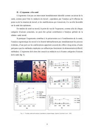 3
II – L’ergonome et la santé
L’ergonome n’est pas un intervenant immédiatement identifié comme un acteur de la
santé, comme peut l’être le médecin du travail ; cependant, par l’analyse qu’il effectue du
poste ou de la situation de travail, et les modifications qui s’ensuivent, il a un rôle favorable
sur la santé des opérateurs.
En matière de santé au travail, le point de vue de l’ergonome, comme celui de chaque
catégorie d’acteurs concernés, ne peut être qu'une contribution à l'analyse globale de la
relation santé travail.
Si pratiquer l’ergonomie contribue à la préservation ou à l’amélioration de la santé,
l’analyse ergonomique du travail n’en fournit habituellement pas immédiatement les preuves
évidentes, d’une part car les améliorations apportent souvent des effets à long terme, d’autre
part parce que les méthodes employées ne suffisent pas forcément à la démonstration (effectif,
méthodes). L’ergonome doit alors être associé au médecin ou à d’autres catégories d’acteurs
de la santé (fig 3).
 